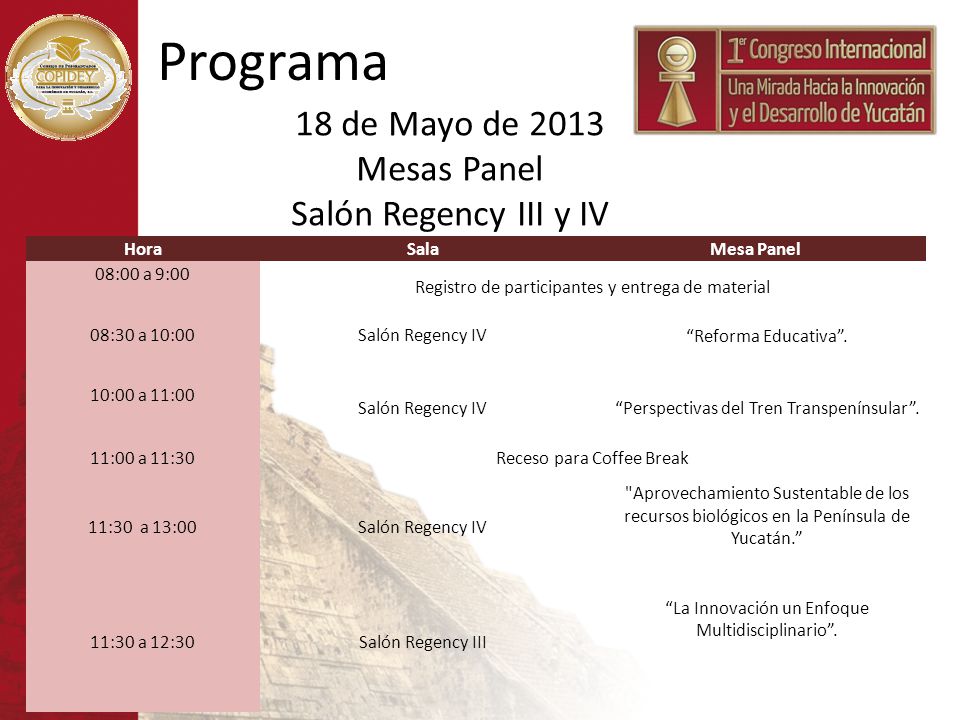 Programa 18 de Mayo de 2013 Mesas Panel Salón Regency III y IV Hora