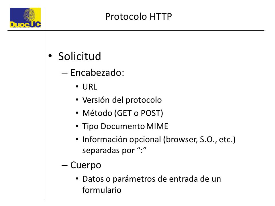 Solicitud Protocolo HTTP Encabezado: Cuerpo URL Versión del protocolo