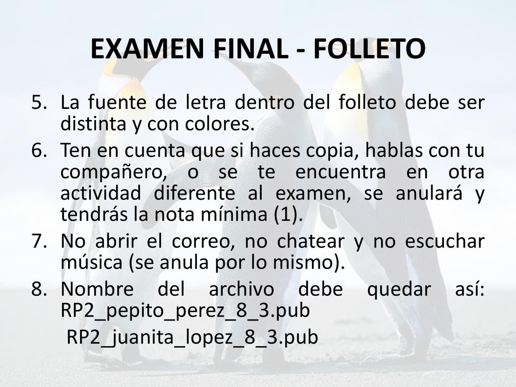EXAMEN FINAL - FOLLETO La fuente de letra dentro del folleto debe ser distinta y con colores.