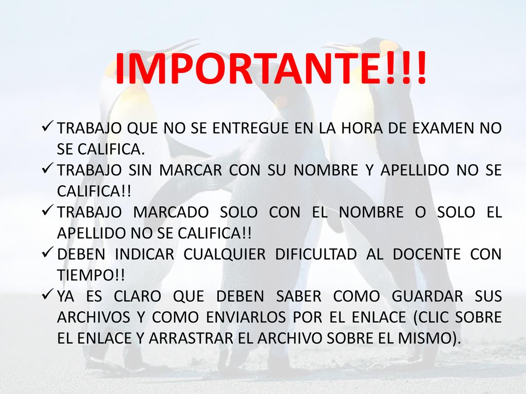 IMPORTANTE!!! TRABAJO QUE NO SE ENTREGUE EN LA HORA DE EXAMEN NO SE CALIFICA. TRABAJO SIN MARCAR CON SU NOMBRE Y APELLIDO NO SE CALIFICA!!