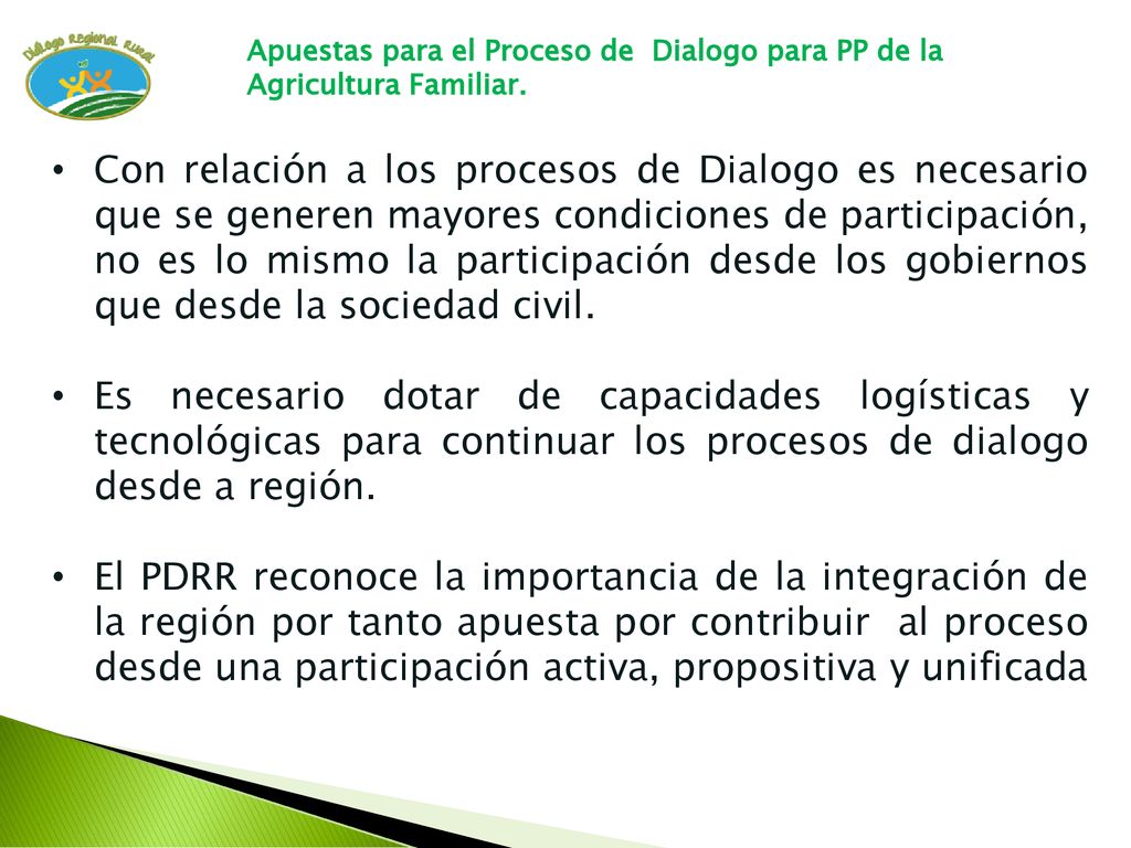 Apuestas para el Proceso de Dialogo para PP de la Agricultura Familiar.