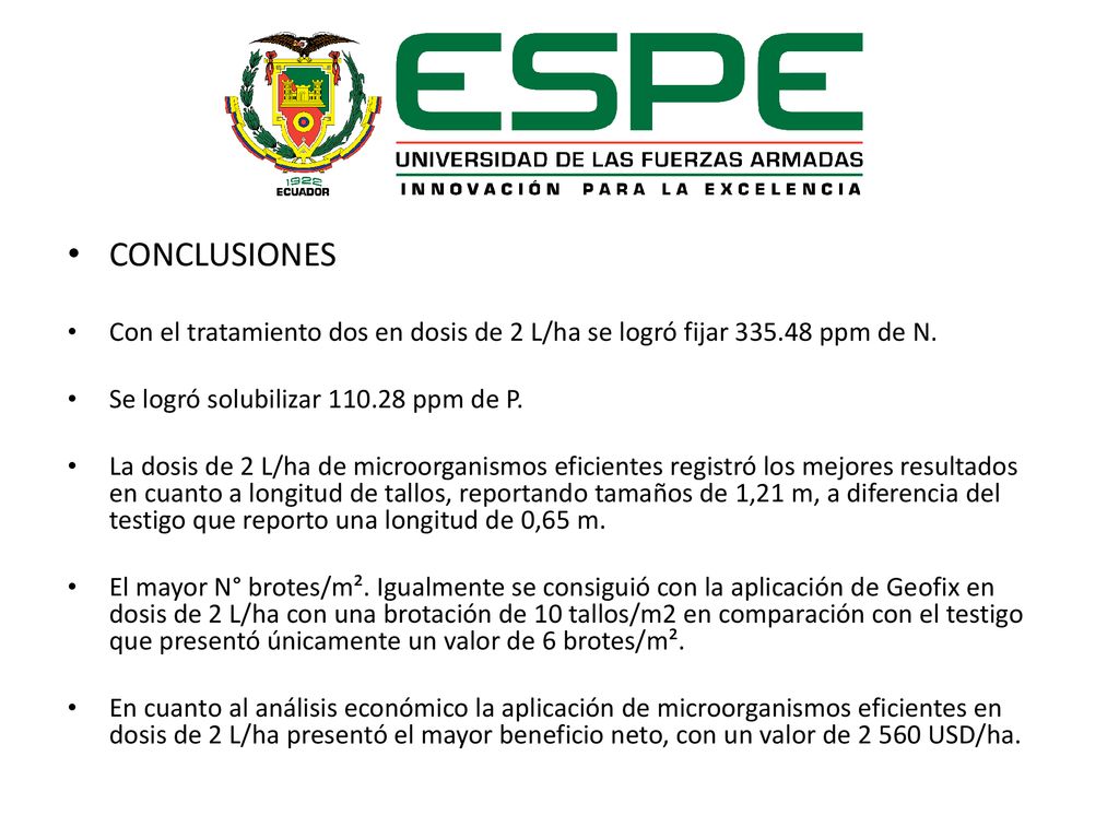 CONCLUSIONES Con el tratamiento dos en dosis de 2 L/ha se logró fijar ppm de N. Se logró solubilizar ppm de P.