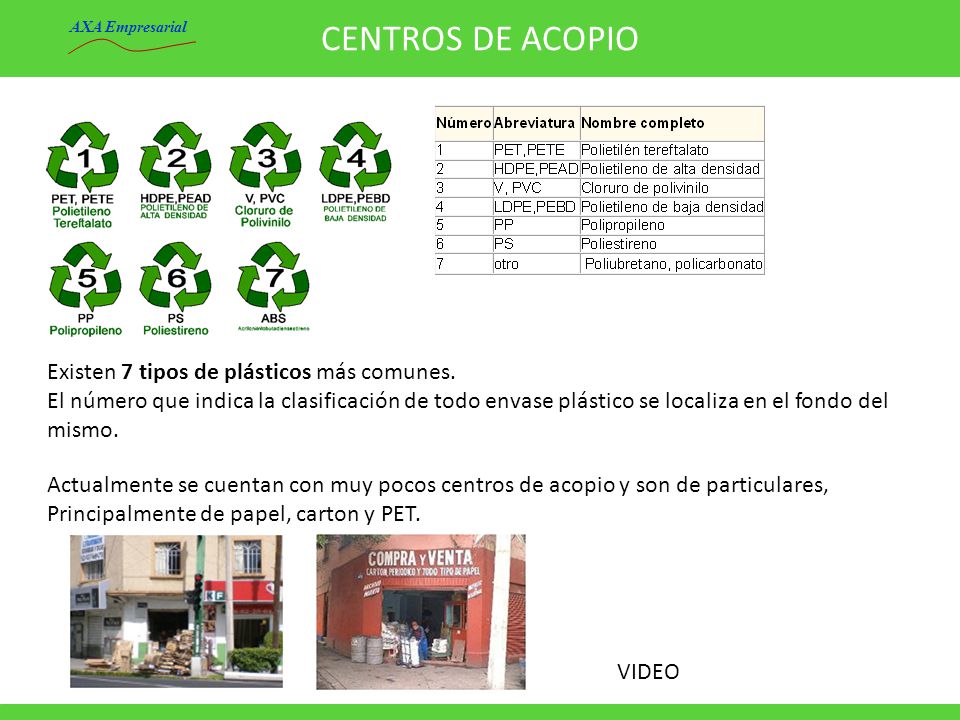 CENTROS DE ACOPIO Existen 7 tipos de plásticos más comunes.
