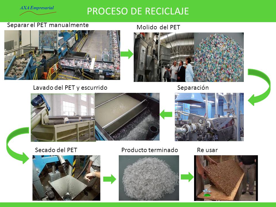 PROCESO DE RECICLAJE Separar el PET manualmente Molido del PET