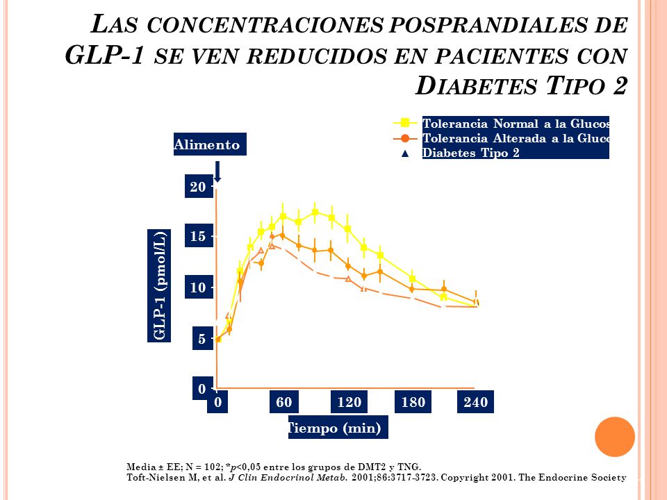 Las concentraciones posprandiales de GLP-1 se ven reducidos en pacientes con Diabetes Tipo 2