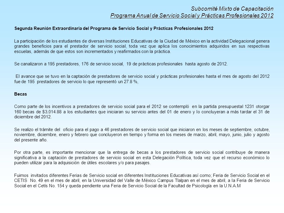 Subcomité Mixto de Capacitación Programa Anual de Servicio Social y Prácticas Profesionales 2012