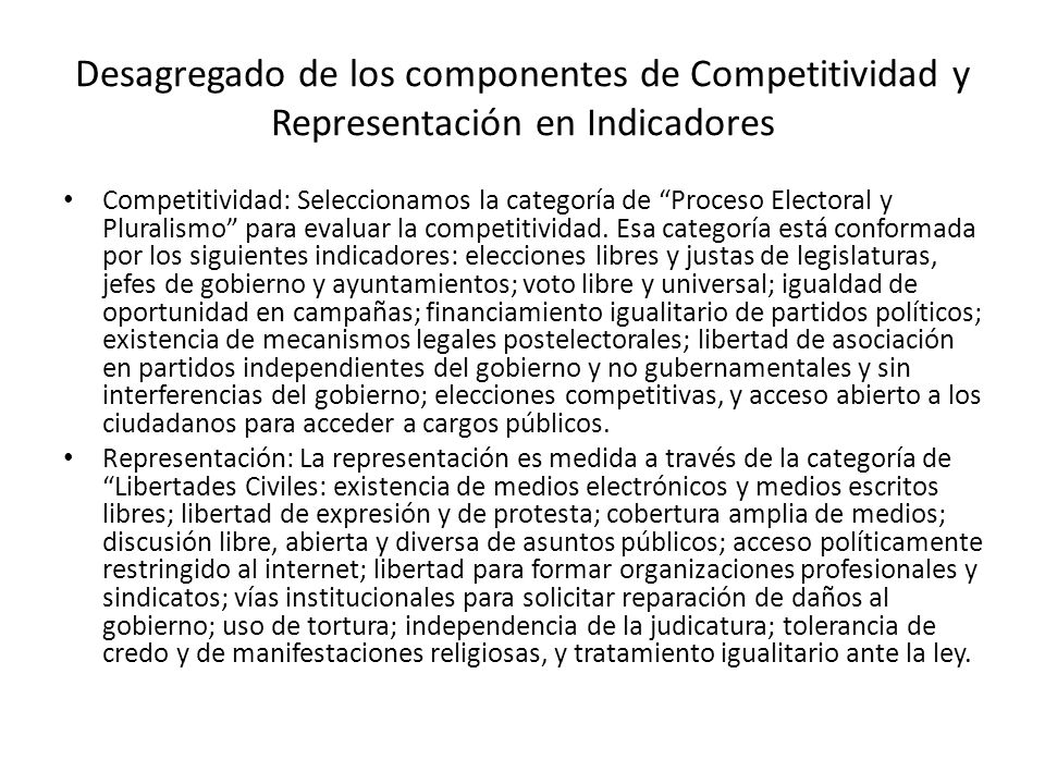 Desagregado de los componentes de Competitividad y Representación en Indicadores