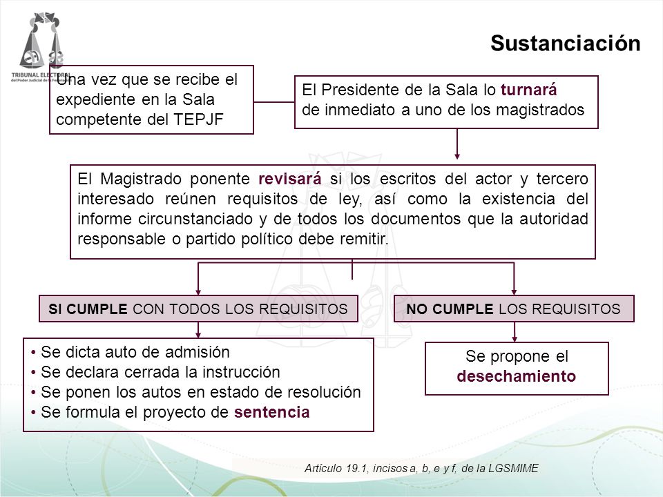 Sustanciación Una vez que se recibe el expediente en la Sala competente del TEPJF. El Presidente de la Sala lo turnará.
