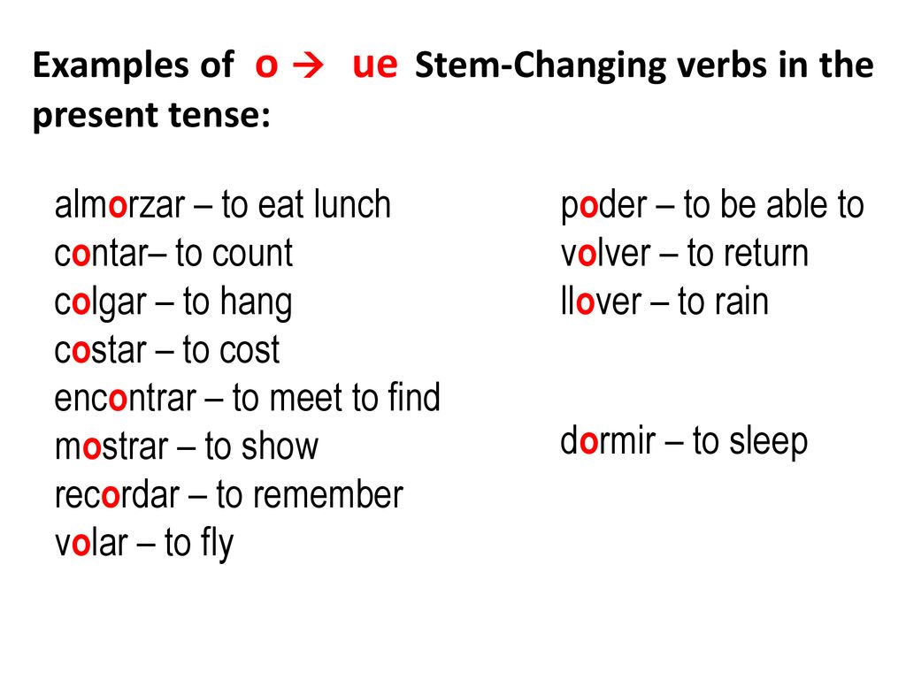 Examples of o  ue Stem-Changing verbs in the present tense:
