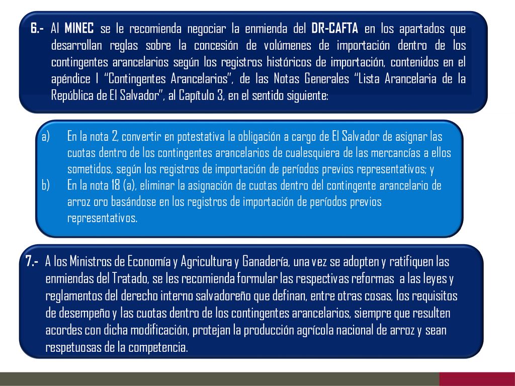 6.- Al MINEC se le recomienda negociar la enmienda del DR-CAFTA en los apartados que desarrollan reglas sobre la concesión de volúmenes de importación dentro de los contingentes arancelarios según los registros históricos de importación, contenidos en el apéndice I Contingentes Arancelarios , de las Notas Generales Lista Arancelaria de la República de El Salvador , al Capítulo 3, en el sentido siguiente: