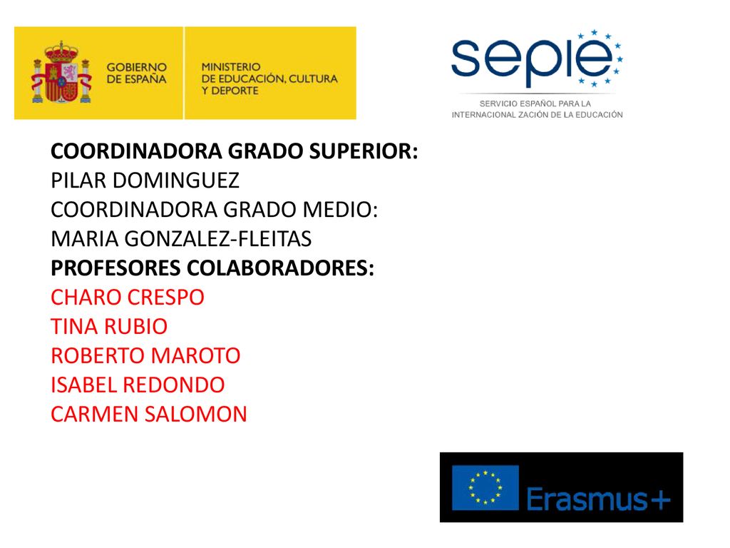 COORDINADORA GRADO SUPERIOR: PILAR DOMINGUEZ COORDINADORA GRADO MEDIO: MARIA GONZALEZ-FLEITAS PROFESORES COLABORADORES: CHARO CRESPO TINA RUBIO ROBERTO MAROTO ISABEL REDONDO CARMEN SALOMON