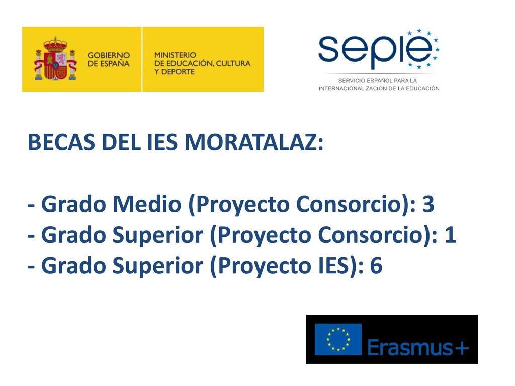 BECAS DEL IES MORATALAZ: - Grado Medio (Proyecto Consorcio): 3 - Grado Superior (Proyecto Consorcio): 1 - Grado Superior (Proyecto IES): 6