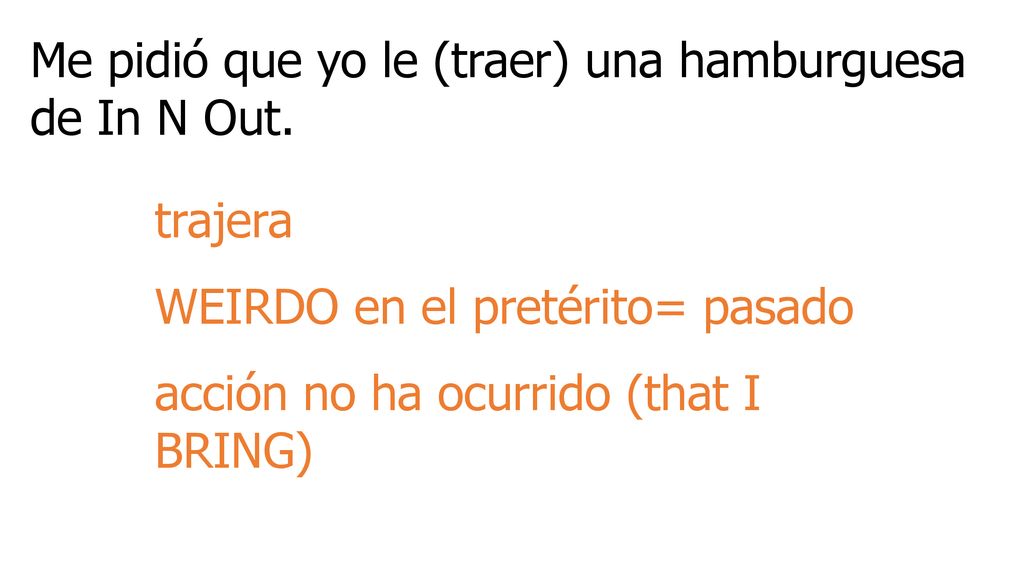 Me pidió que yo le (traer) una hamburguesa de In N Out.