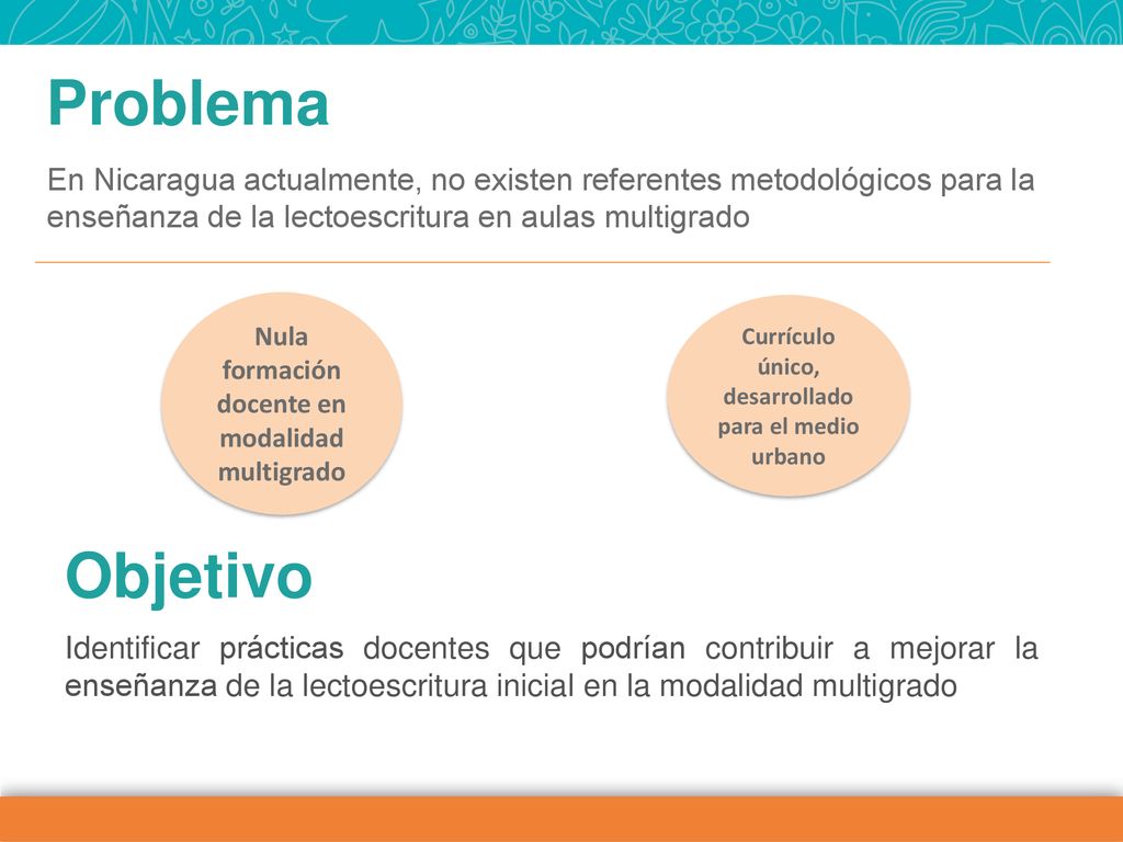 Problema En Nicaragua actualmente, no existen referentes metodológicos para la enseñanza de la lectoescritura en aulas multigrado.