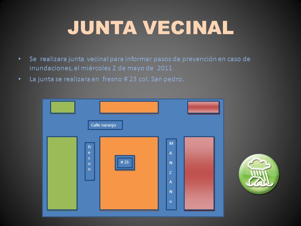 JUNTA VECINAL Se realizara junta vecinal para informar pasos de prevención en caso de inundaciones, el miércoles 2 de mayo de
