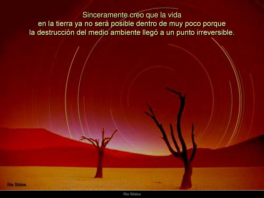 Sinceramente creo que la vida en la tierra ya no será posible dentro de muy poco porque la destrucción del medio ambiente llegó a un punto irreversible.