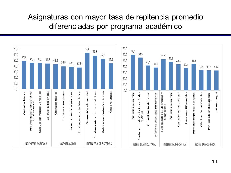 Asignaturas con mayor tasa de repitencia promedio diferenciadas por programa académico