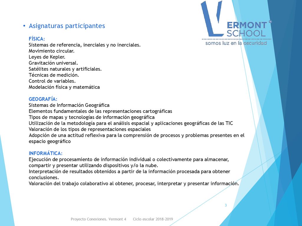 Asignaturas participantes FÍSICA: Sistemas de referencia, inerciales y no inerciales. Movimiento circular. Leyes de Kepler. Gravitación universal. Satélites naturales y artificiales. Técnicas de medición. Control de variables. Modelación física y matemática GEOGRAFÍA: Sistemas de Información Geográfica Elementos fundamentales de las representaciones cartográficas Tipos de mapas y tecnologías de información geográfica Utilización de la metodología para el análisis espacial y aplicaciones geográficas de las TIC Valoración de los tipos de representaciones espaciales Adopción de una actitud reflexiva para la comprensión de procesos y problemas presentes en el espacio geográfico INFORMÁTICA: Ejecución de procesamiento de información individual o colectivamente para almacenar, compartir y presentar utilizando dispositivos y/o la nube. Interpretación de resultados obtenidos a partir de la información procesada para obtener conclusiones. Valoración del trabajo colaborativo al obtener, procesar, interpretar y presentar información.