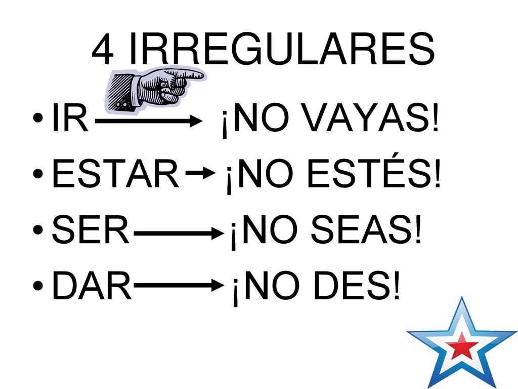 IR ¡NO VAYAS! ESTAR ¡NO ESTÉS! SER ¡NO SEAS! DAR ¡NO DES!