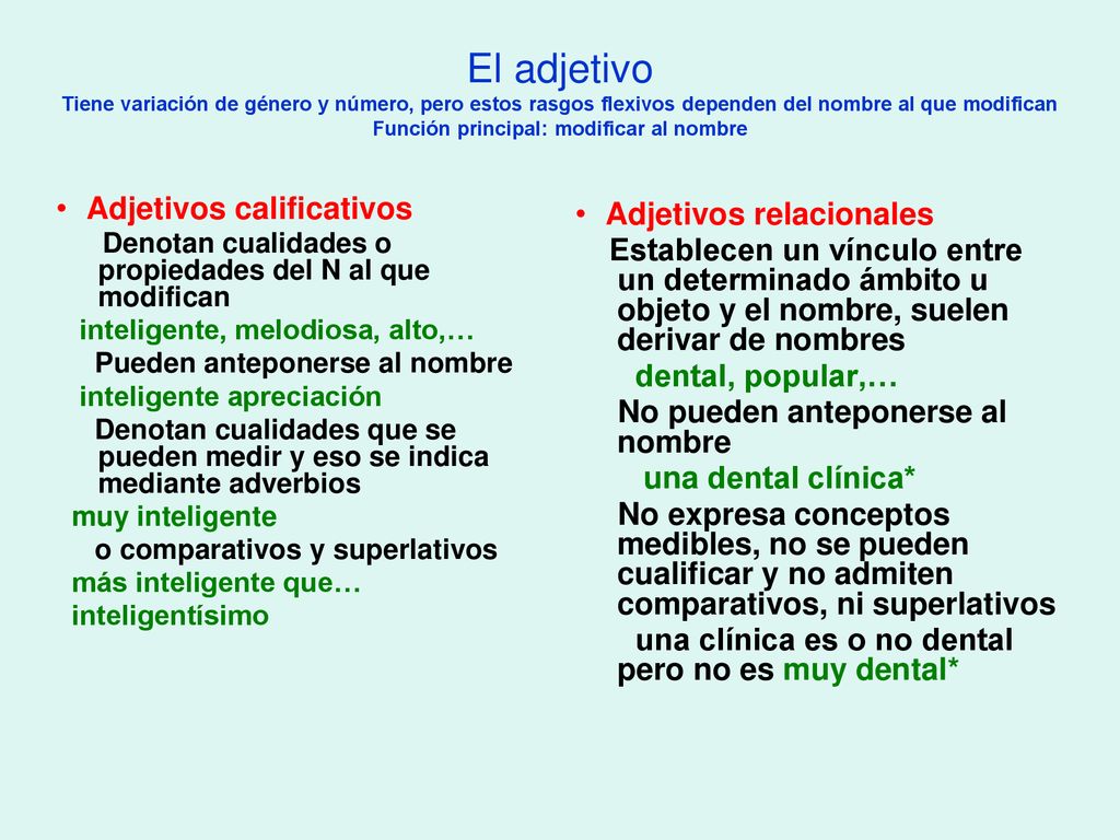 El adjetivo Tiene variación de género y número, pero estos rasgos flexivos dependen del nombre al que modifican Función principal: modificar al nombre