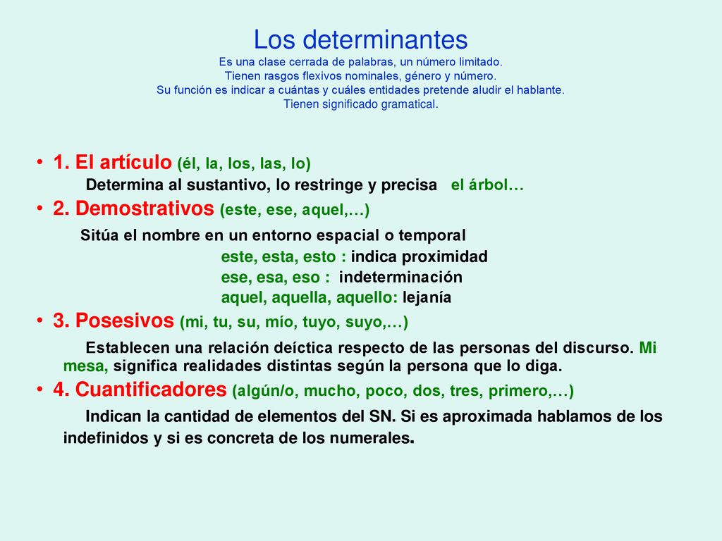 Los determinantes Es una clase cerrada de palabras, un número limitado