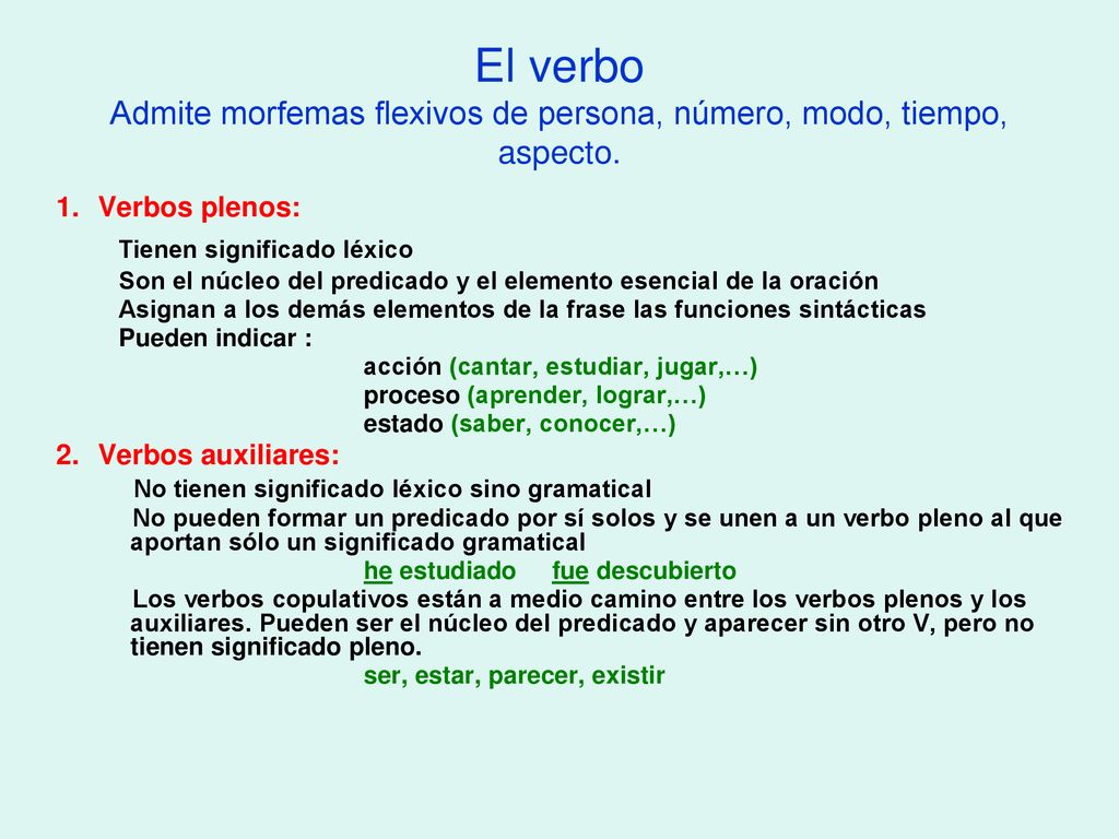 El verbo Admite morfemas flexivos de persona, número, modo, tiempo, aspecto.