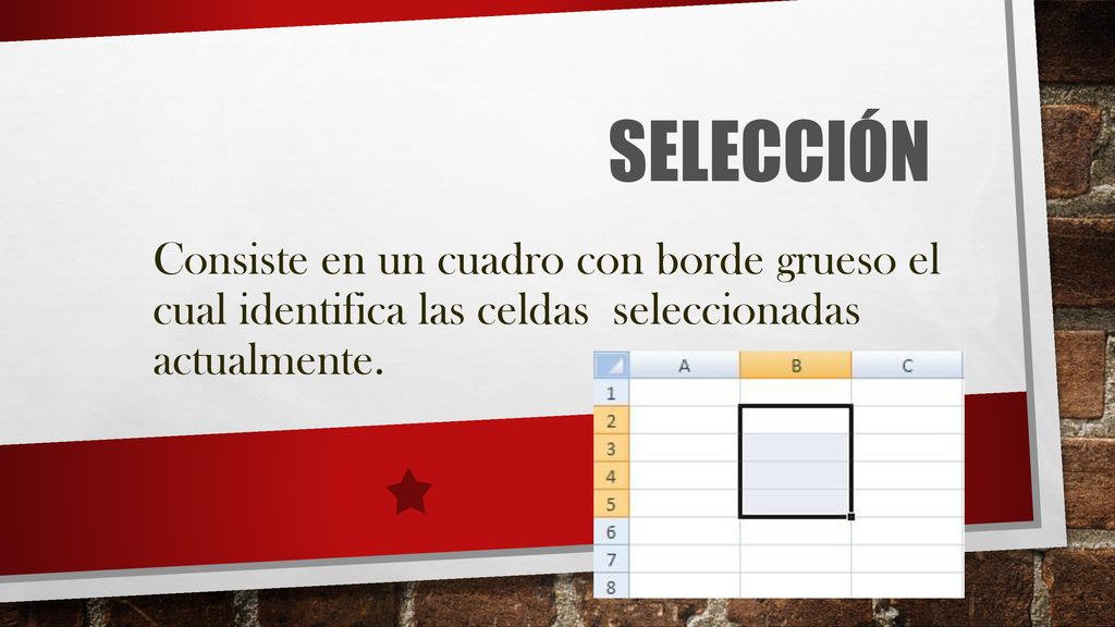 Selección Consiste en un cuadro con borde grueso el cual identifica las celdas seleccionadas actualmente.