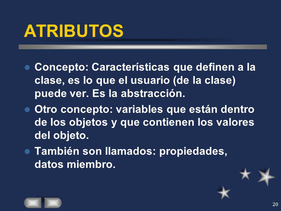 ATRIBUTOS Concepto: Características que definen a la clase, es lo que el usuario (de la clase) puede ver. Es la abstracción.