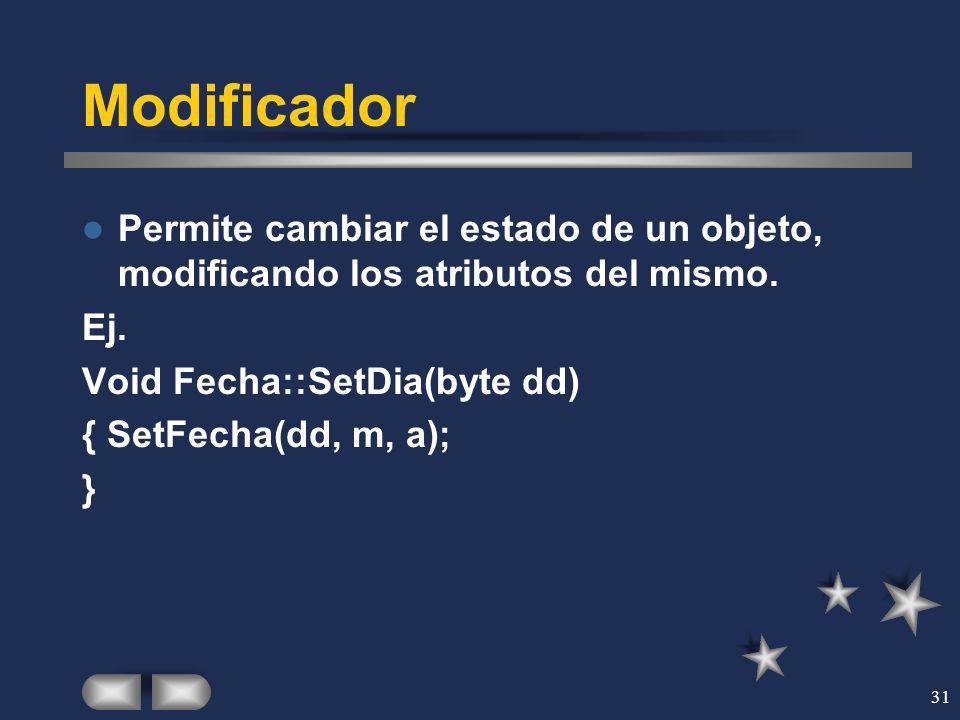 Modificador Permite cambiar el estado de un objeto, modificando los atributos del mismo. Ej. Void Fecha::SetDia(byte dd)