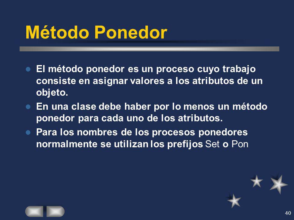 Método Ponedor El método ponedor es un proceso cuyo trabajo consiste en asignar valores a los atributos de un objeto.