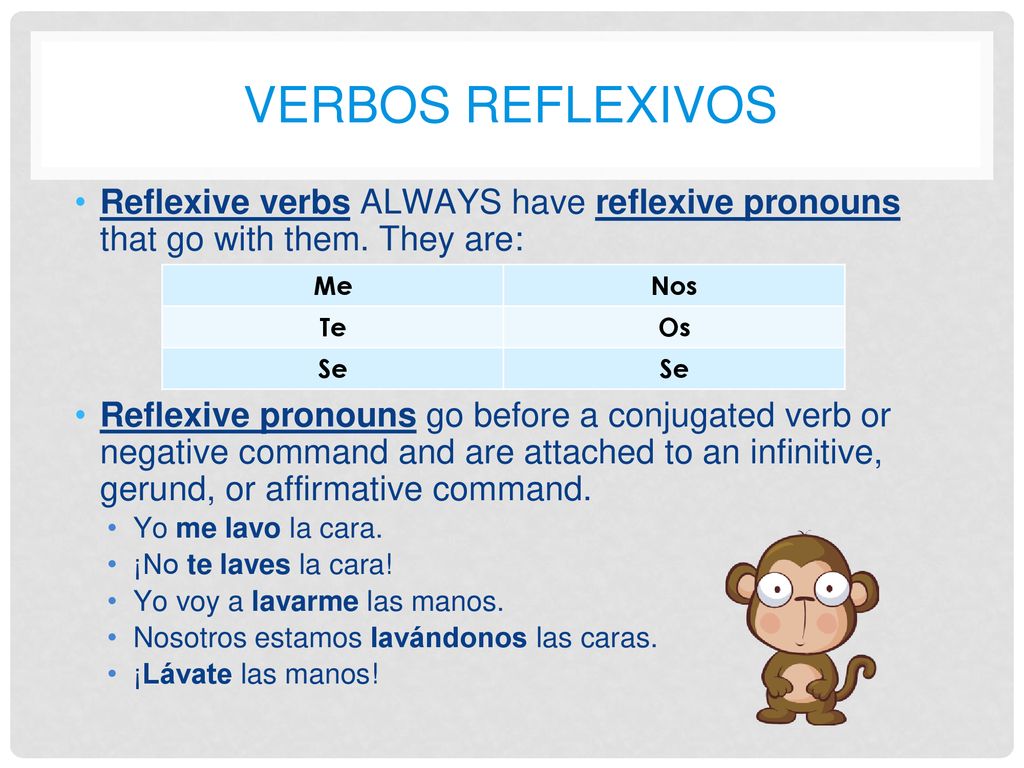 VERBOS REFLEXIVOS Reflexive verbs ALWAYS have reflexive pronouns that go with them. They are: