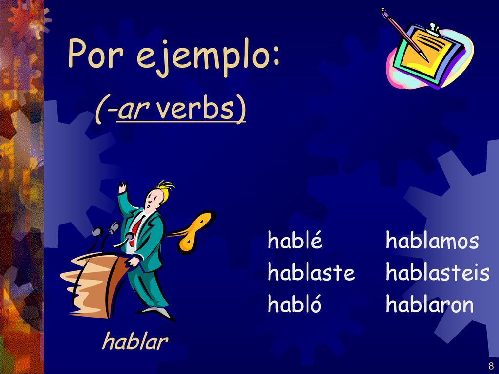 Por ejemplo: (-ar verbs) hablar hablé hablaste habló hablamos