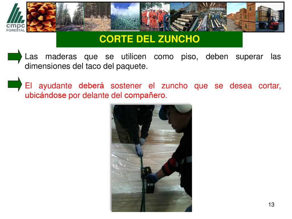 CORTE DEL ZUNCHO Las maderas que se utilicen como piso, deben superar las dimensiones del taco del paquete.