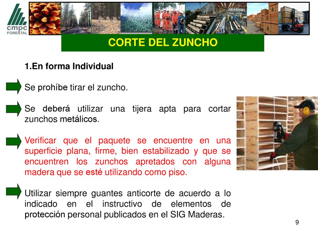 CORTE DEL ZUNCHO En forma Individual Se prohíbe tirar el zuncho.