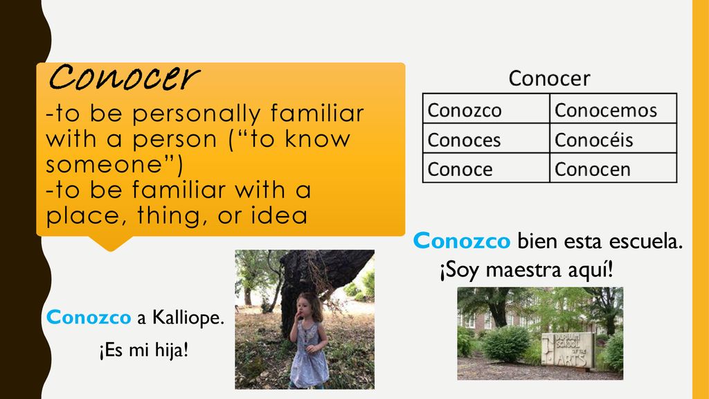 Conocer -to be personally familiar with a person ( to know someone ) -to be familiar with a place, thing, or idea