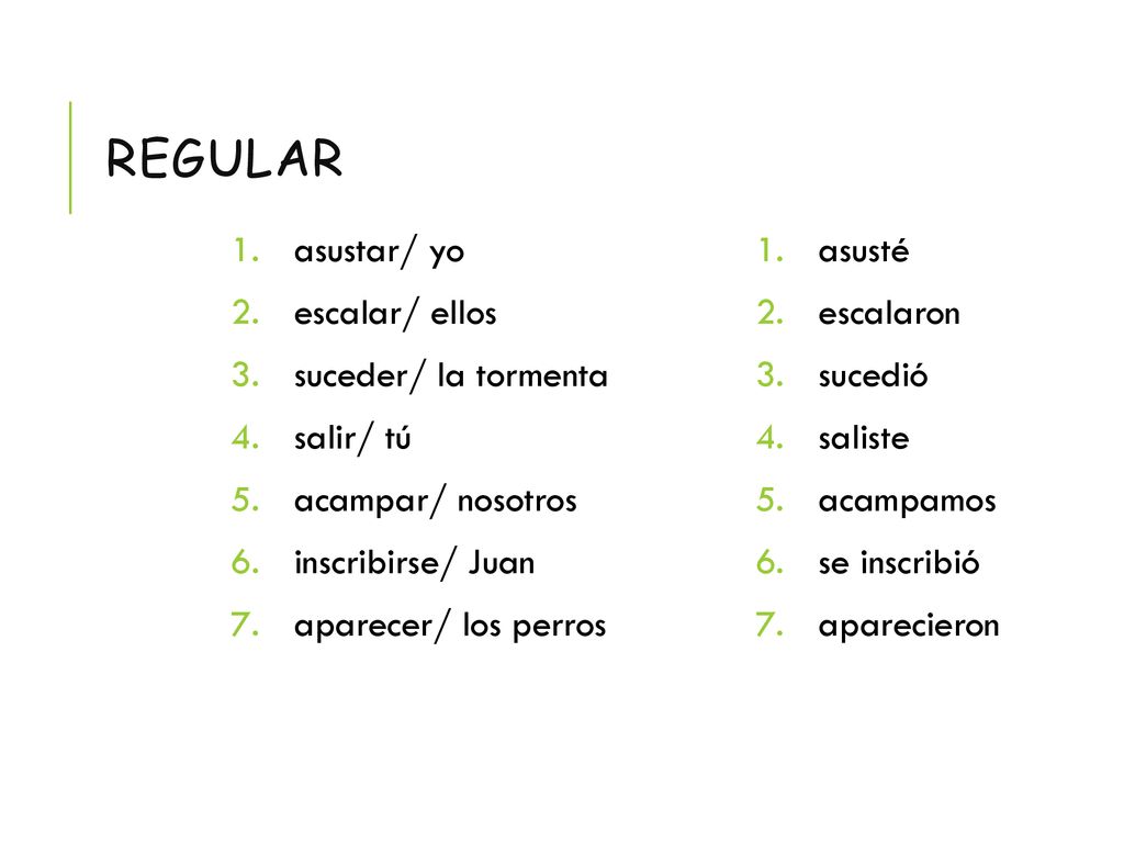 regular asustar/ yo escalar/ ellos suceder/ la tormenta salir/ tú