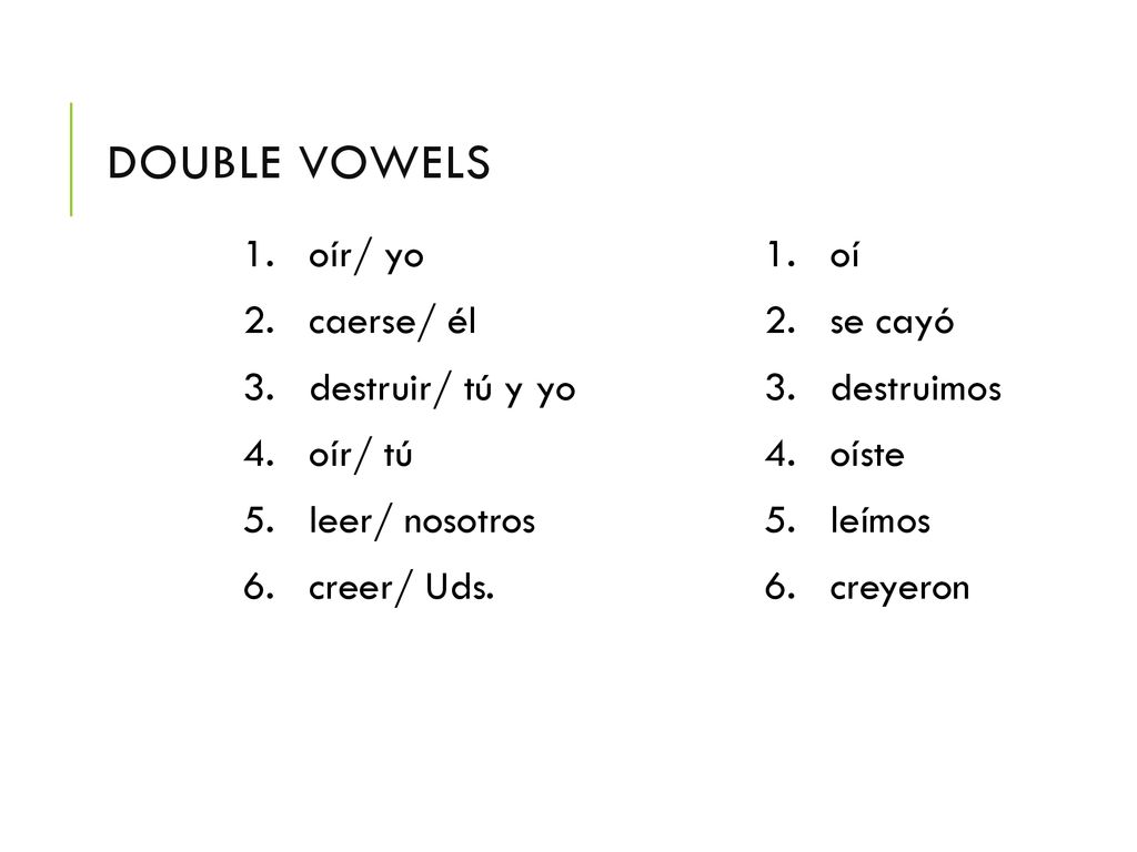 Double Vowels oír/ yo caerse/ él destruir/ tú y yo oír/ tú