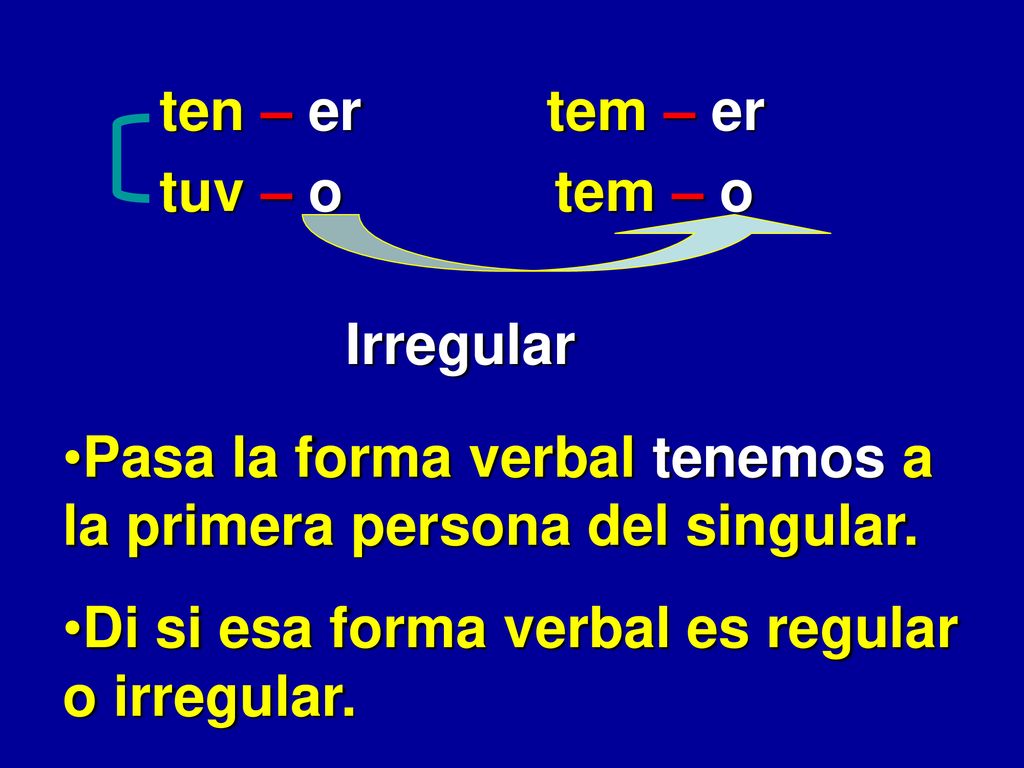 ten – er tem – er. tuv – o. tem – o. Irregular. Pasa la forma verbal tenemos a la primera persona del singular.