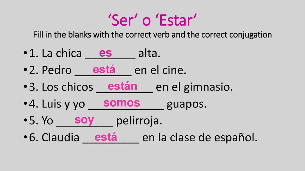 ‘Ser’ o ‘Estar’ Fill in the blanks with the correct verb and the correct conjugation