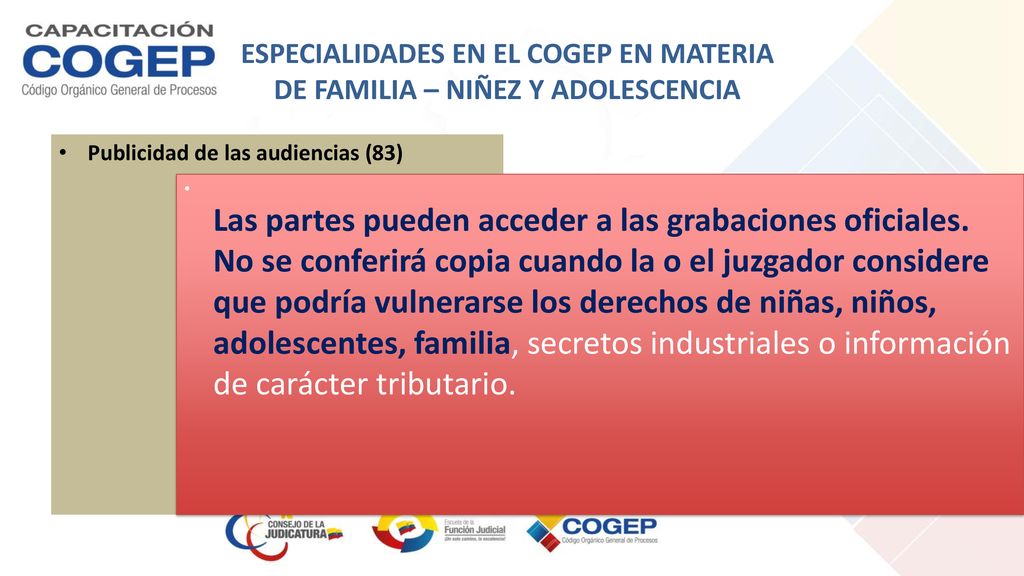 ESPECIALIDADES EN EL COGEP EN MATERIA DE FAMILIA – NIÑEZ Y ADOLESCENCIA