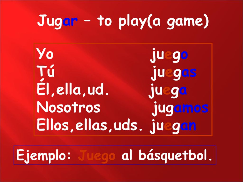 Jugar – to play(a game) Yo juego Tú juegas Él,ella,ud. juega