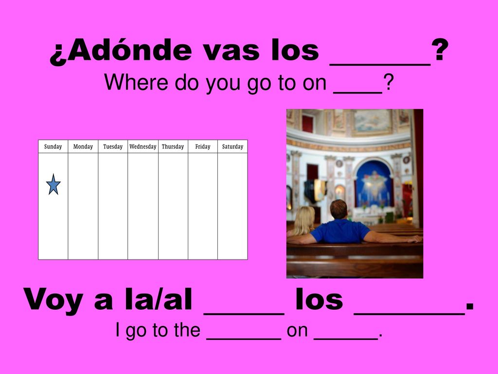 ¿Adónde vas los Voy a la/al los . Where do you go to on