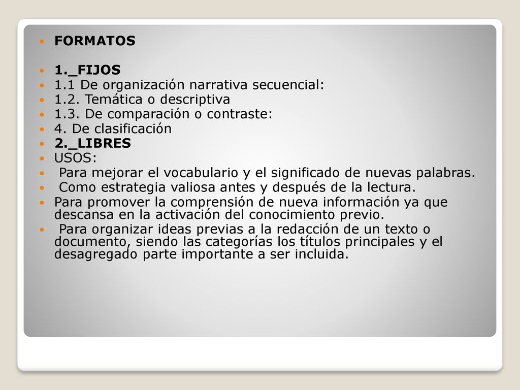 FORMATOS 1._FIJOS. 1.1 De organización narrativa secuencial: 1.2. Temática o descriptiva De comparación o contraste: