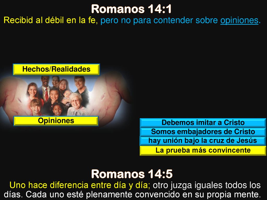 Romanos 14:1 Recibid al débil en la fe, pero no para contender sobre opiniones. Hechos/Realidades.