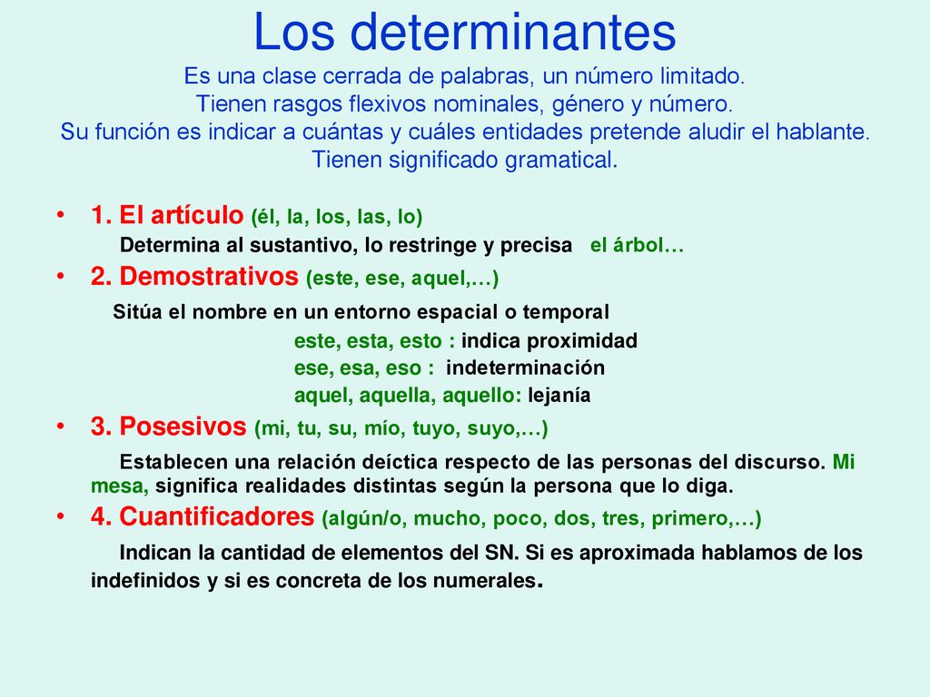 Los determinantes Es una clase cerrada de palabras, un número limitado