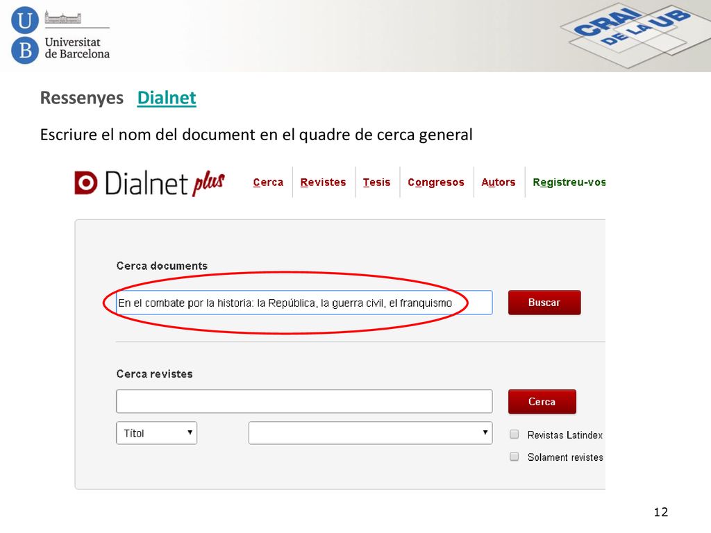 Ressenyes Dialnet Escriure el nom del document en el quadre de cerca general