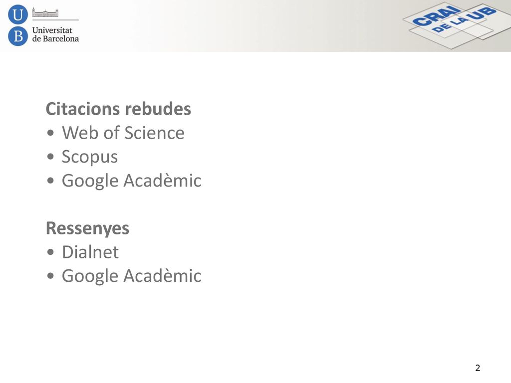 Citacions rebudes Web of Science Scopus Google Acadèmic Ressenyes Dialnet