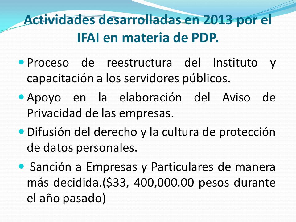 Actividades desarrolladas en 2013 por el IFAI en materia de PDP.