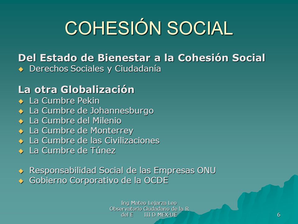 COHESIÓN SOCIAL Del Estado de Bienestar a la Cohesión Social