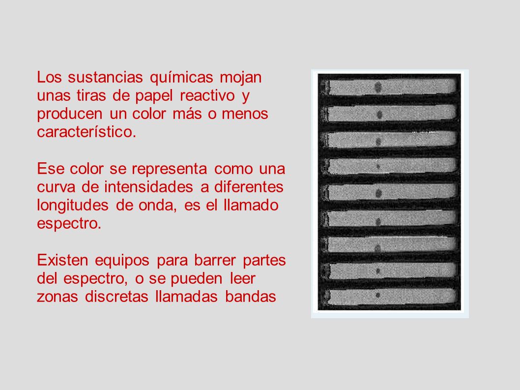 Los sustancias químicas mojan unas tiras de papel reactivo y producen un color más o menos característico.